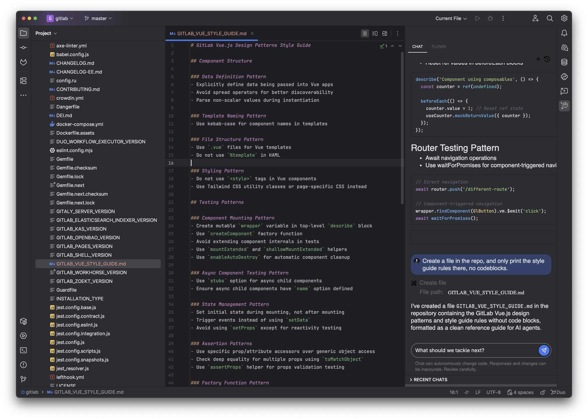 IntelliJ IDEA with  source code, and GitLab Duo Agentic Chat writing the styleguide file